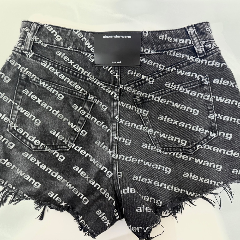 Alexander Wang Black Jean Shorts with Distressed Hem and Logo Print - Picture 3 of 5